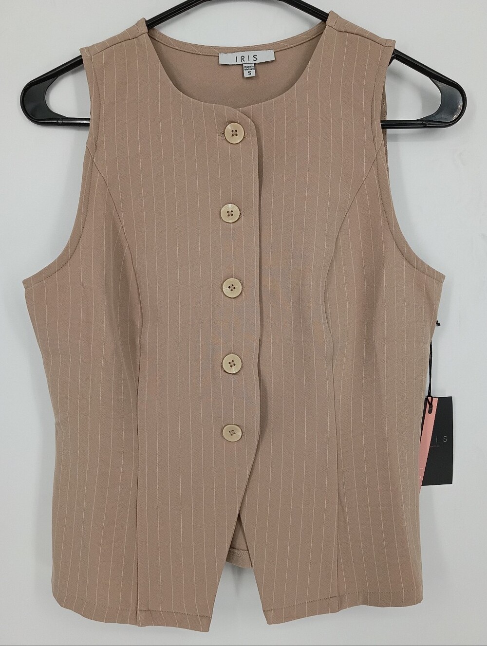 IRIS Pinstripe Sleeveless Button Front Cropped Vest - Taupe